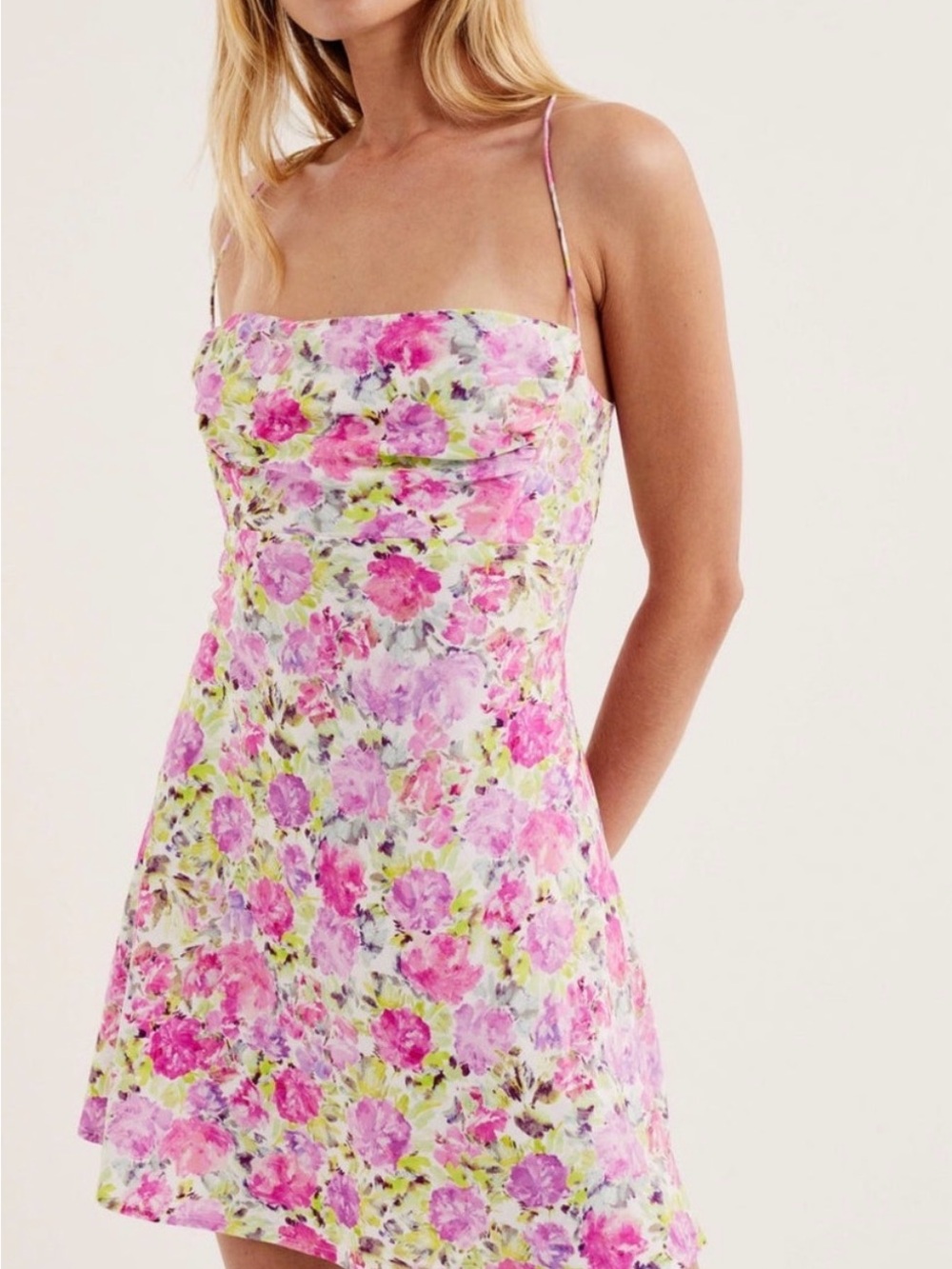 For Love And Lemons Pink & Lime Floral Spaghetti-Strap Mini Dress